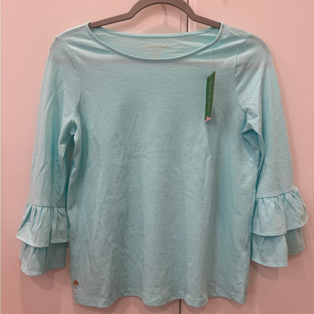 Lilly Pulitzer Green and Blue Ruffled Bell Sleeve Blouse